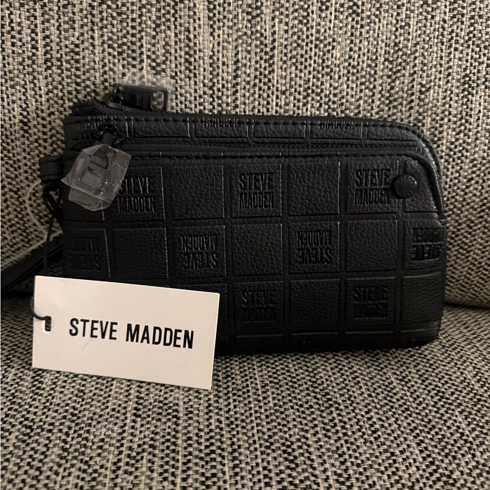 Steve Madden Black Embossed Leather Zip Wristlet